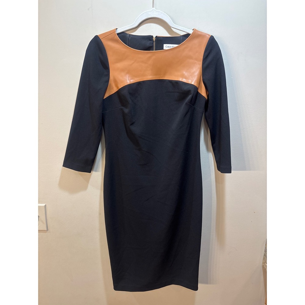 Calvin Klein Womens Size 6 Dress Round Neck Faux Leather Colorblock Black Brown